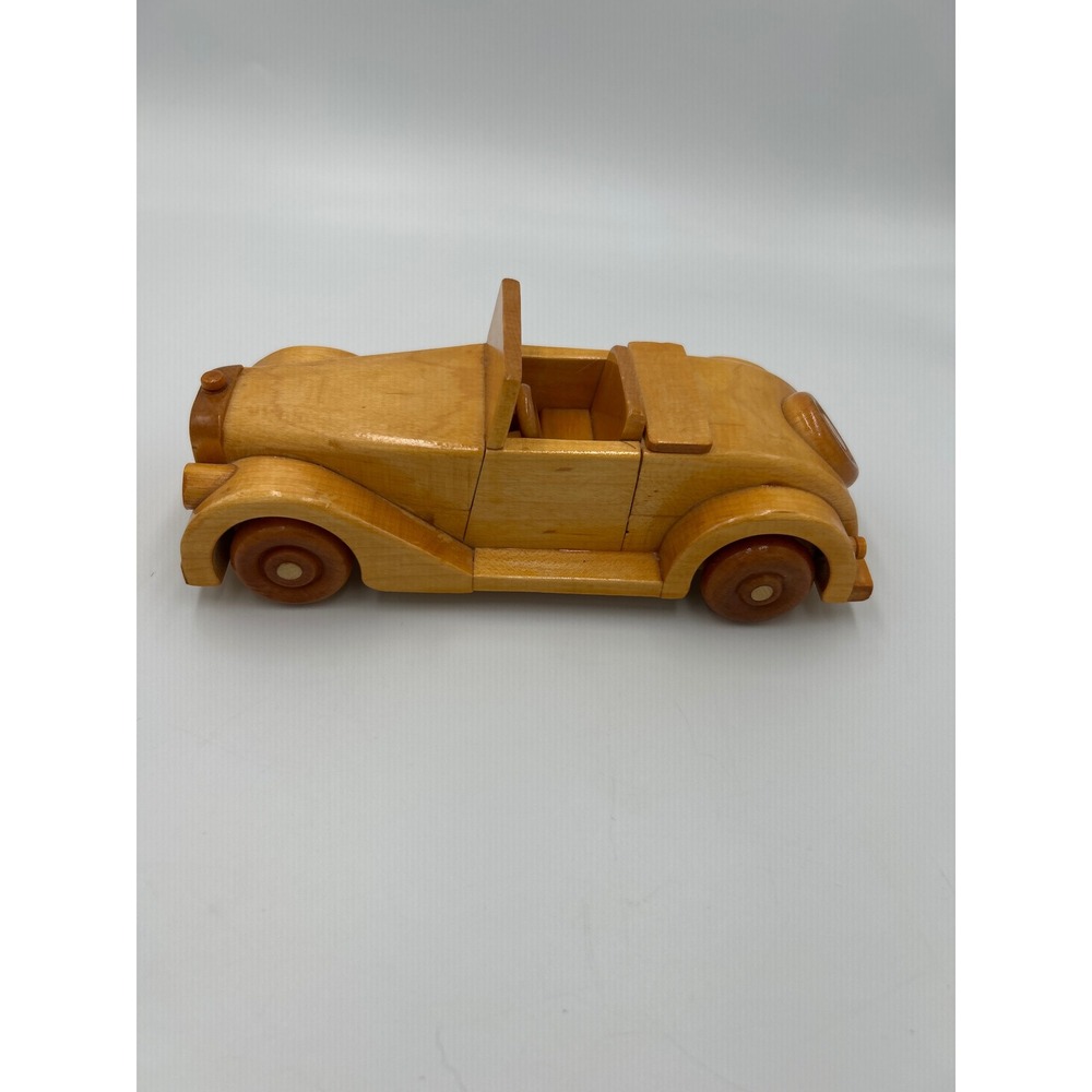 Vintage Handcrafted Wooden Convertible Roadster Model Car Natural Finish Toy
